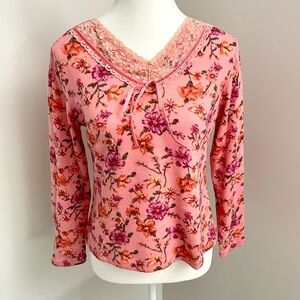Vintage Kingtax Pink Velvet Lace Floral Cottagecore Grandmacore Long Sleeve Top
